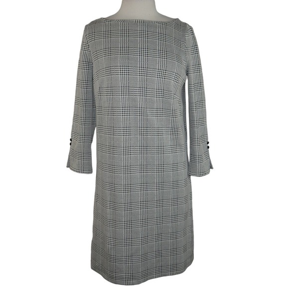 Ann Taylor Dresses & Skirts - Ann Taylor Shift Dress Size 6 Houndstooth Plaid Gray Preppy Midi Long Sleeve